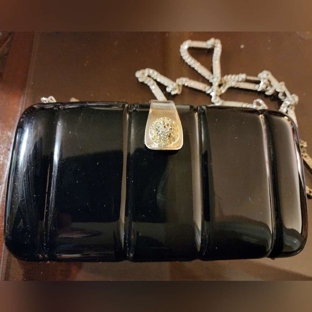 Vintage Black Hard PlasticClutch with Silvertone Clasp & Chain